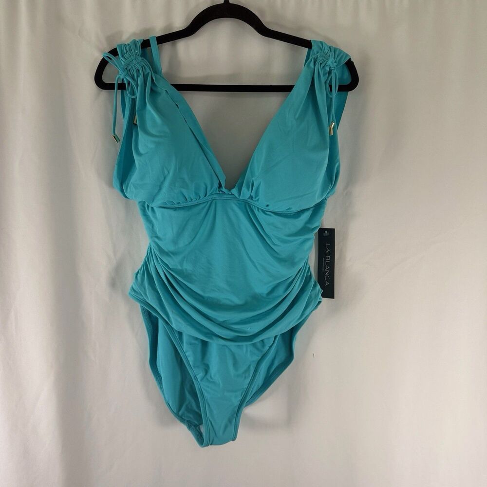 New La Blanca One Piece Swimsuit Women's 16 Blue Padded Sleeveless Pullover